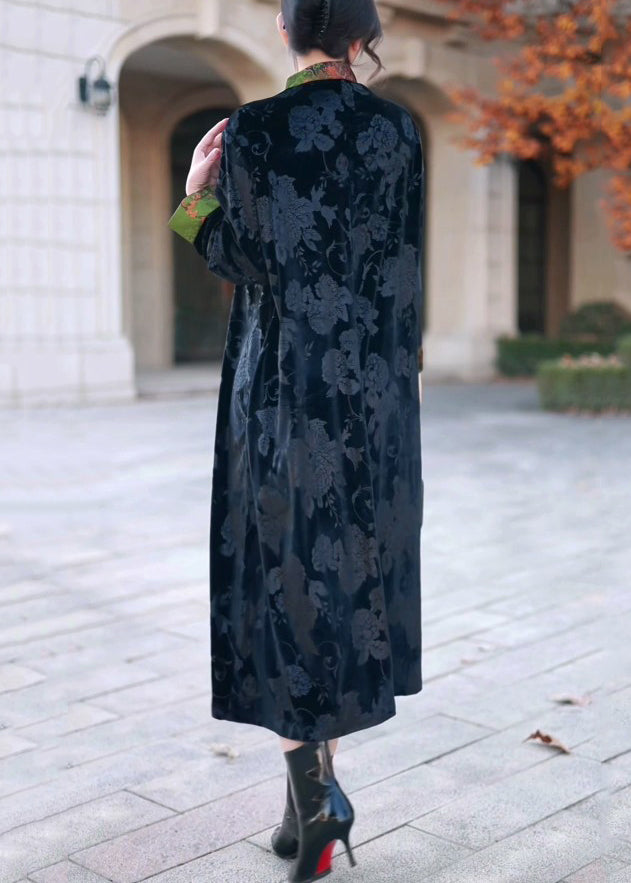 Elegant Black Stand Collar Print Silk Velvet Long Dress Winter