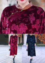 Elegant Black Stand Collar Print Silk Velvet Long Dress Winter