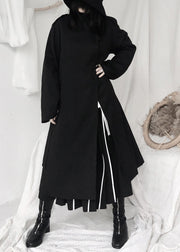 Elegant Black Stand Collar Tie Waist Button Trench Coats Long Sleeve