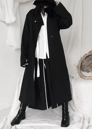 Elegant Black Stand Collar Tie Waist Button Trench Coats Long Sleeve