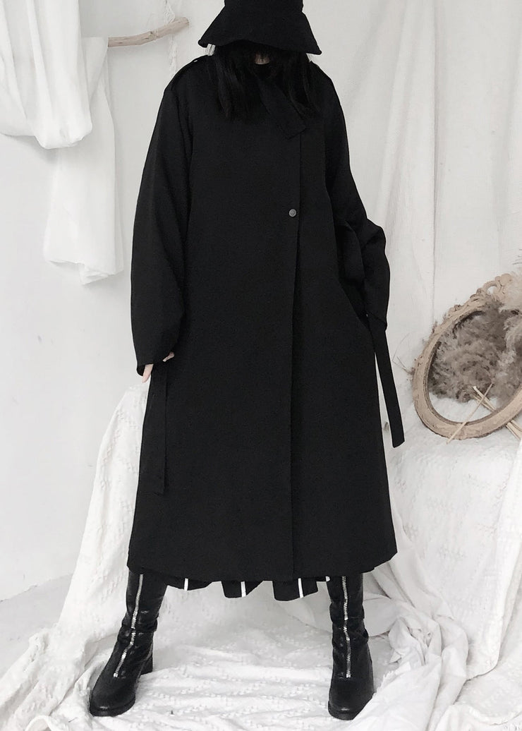 Elegant Black Stand Collar Tie Waist Button Trench Coats Long Sleeve