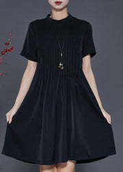 Elegant Black Stand Collar Wrinkled Cotton Dress Summer