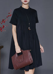 Elegant Black Stand Collar Wrinkled Cotton Dress Summer