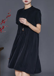 Elegant Black Stand Collar Wrinkled Cotton Dress Summer