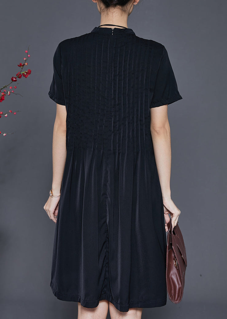 Elegant Black Stand Collar Wrinkled Cotton Dress Summer