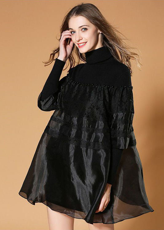 Elegant Black Turtle Neck Nail Bead Patchwork Organza Knit Dresses Spring