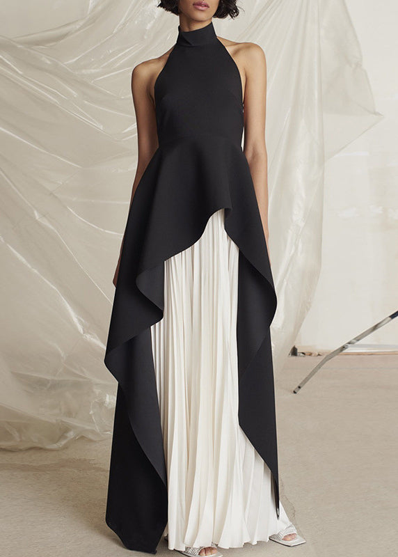 Elegant Black Turtleneck Asymmetrical Patchwork Maxi Vestidos Dresses Sleeveless