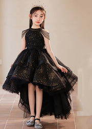 Elegant Black Turtleneck Dot Low High Design Tulle Girls Maxi Dress Summer