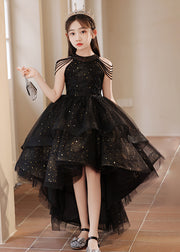 Elegant Black Turtleneck Dot Low High Design Tulle Girls Maxi Dress Summer