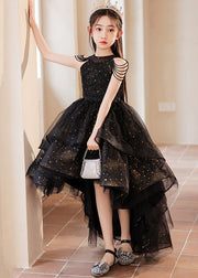 Elegant Black Turtleneck Dot Low High Design Tulle Girls Maxi Dress Summer