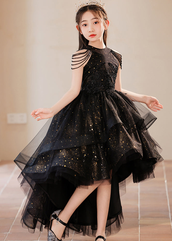 Elegant Black Turtleneck Dot Low High Design Tulle Girls Maxi Dress Summer