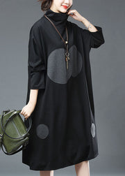 Elegant Black Turtleneck Dot Print Patchwork Cotton Dresses Fall