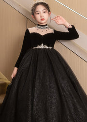 Elegant Black Turtleneck Silk Velour Patchwork Tulle Kids Maxi Dresses Spring