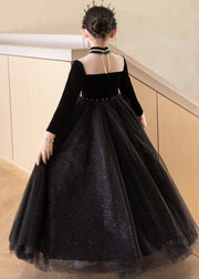 Elegant Black Turtleneck Silk Velour Patchwork Tulle Kids Maxi Dresses Fall