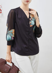 Elegant Black V Neck Butterfly Silk Blouses Spring