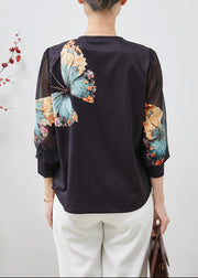 Elegant Black V Neck Butterfly Silk Blouses Spring