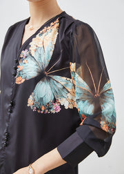 Elegant Black V Neck Butterfly Silk Blouses Spring