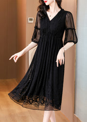 Elegant Black V Neck Embroidered Wrinkled Silk Dress Summer