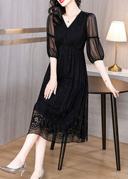 Elegant Black V Neck Embroidered Wrinkled Silk Dress Summer