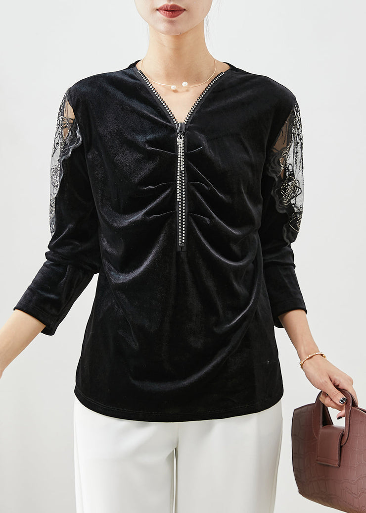 Elegant Black V Neck Hollow Out Silk Velour Blouses Fall