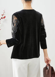 Elegant Black V Neck Hollow Out Silk Velour Blouses Fall