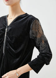 Elegant Black V Neck Hollow Out Silk Velour Blouses Fall