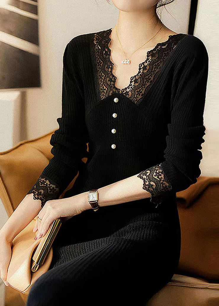 Elegant Black V Neck Lace Patchwork Woolen Dress Fall