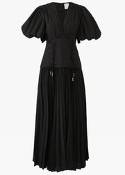 Elegant Black V Neck Lace Up Cotton Long Dresses Summer