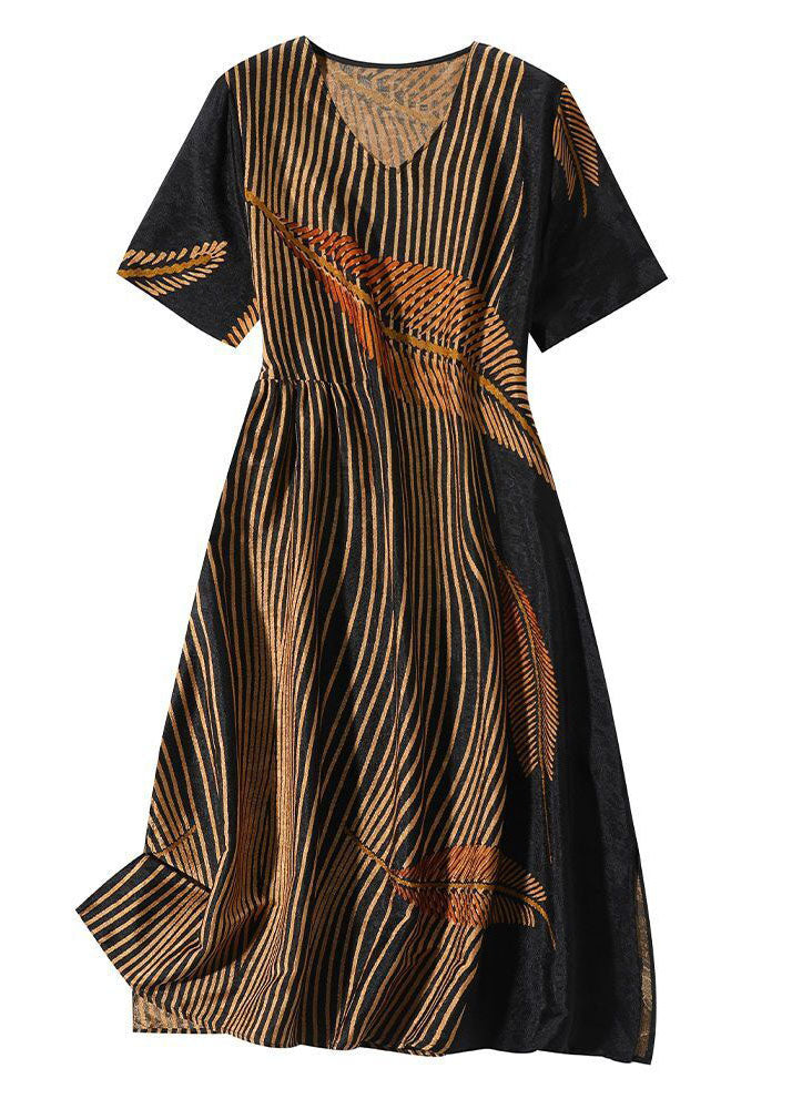 Elegant Black V Neck Leaf Print Side Open Silk Long Dress Summer