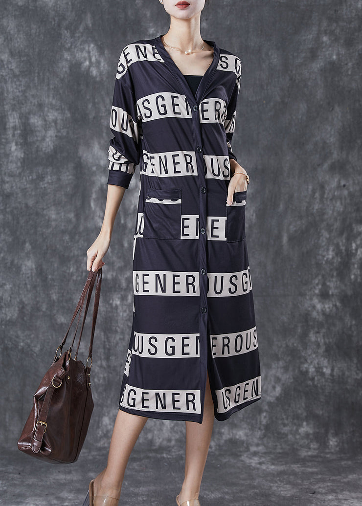 Elegant Black V Neck Letter Print Cotton Dresses Spring