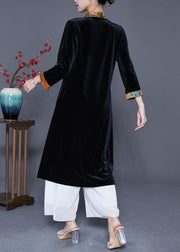 Elegant Black V Neck Patchwork Chinese Button Silk Velour Trench Coats Spring