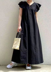 Elegant Black V Neck Patchwork Ruffled Cotton Maxi Dresses Summer