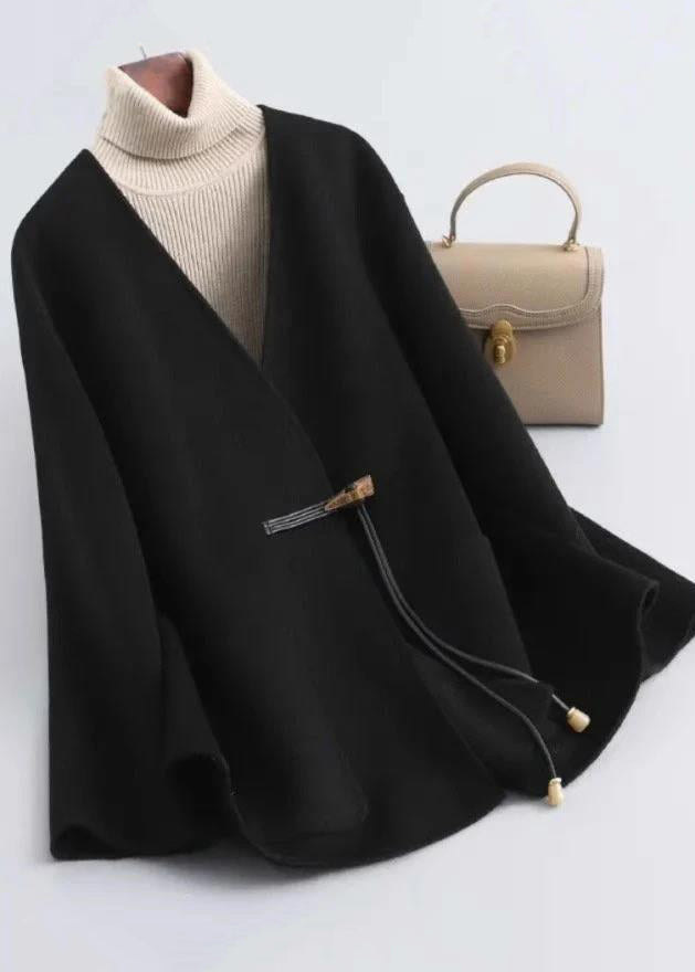 Elegant Black V Neck Pockets Woolen Coat Winter