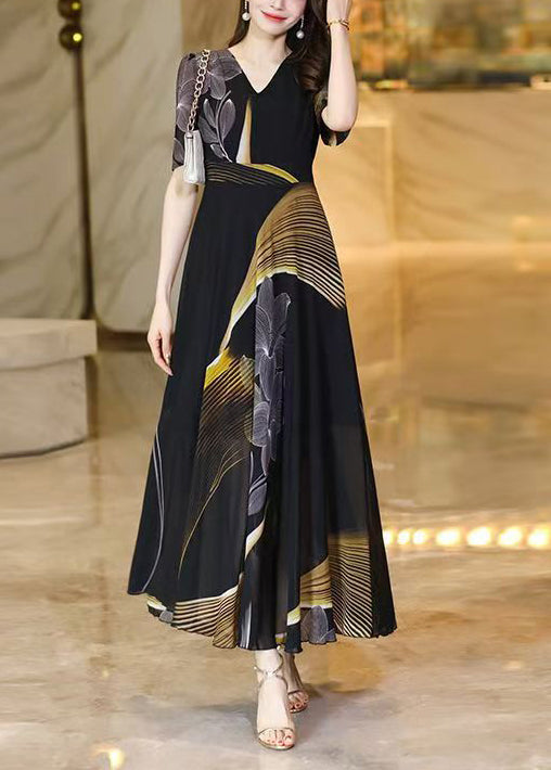 Elegant Black V Neck Print Chiffon Long Dresses Summer