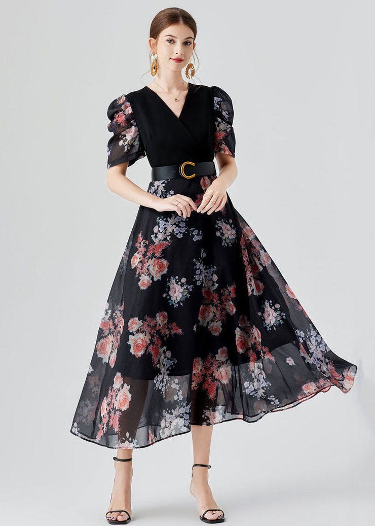 Elegant Black V Neck Print Sashes Patchwork Chiffon Long Dresses Puff Sleeve