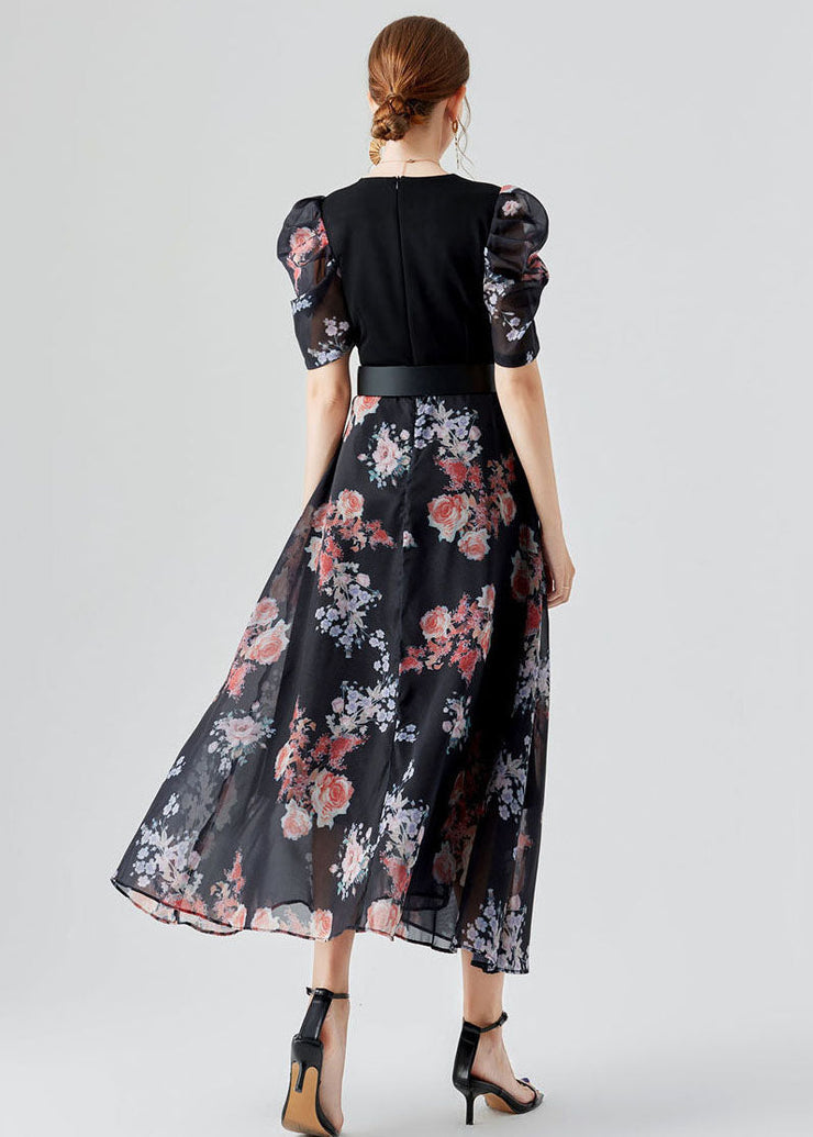 Elegant Black V Neck Print Sashes Patchwork Chiffon Long Dresses Puff Sleeve