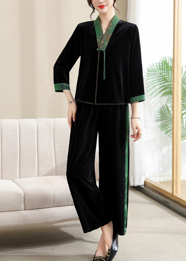 Elegant Black V Neck Print Silk Patchwork Velour Top And Wide Leg Pants Two Piece Set Long Sleeve