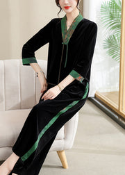 Elegant Black V Neck Print Silk Patchwork Velour Top And Wide Leg Pants Two Piece Set Long Sleeve