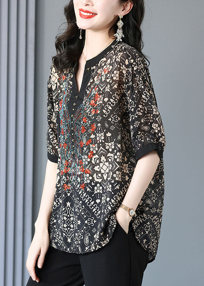 Elegant Black V Neck Print Silk Shirt For Women Short Sleeve