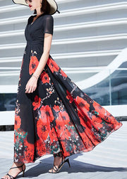 Elegant Black V Neck Print Wrinkled Chiffon Long Dresses Summer