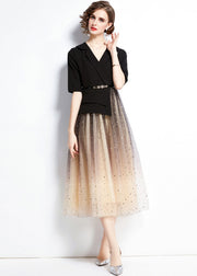 Elegant Black V Neck Sequins Tulle Patchwork Spandex Dresses Summer