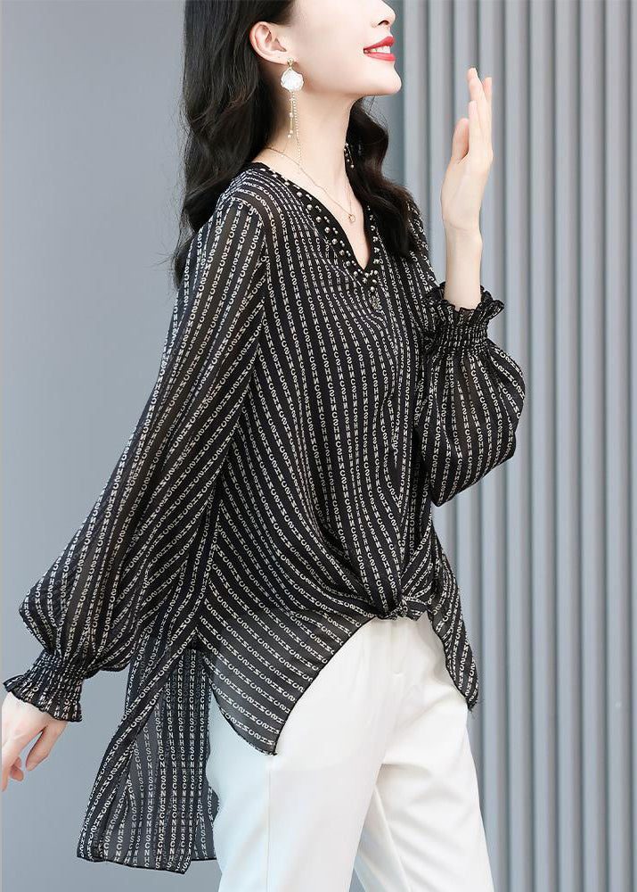 Elegant Black V Neck Striped Side Open Low High Design Chiffon Shirts Long Sleeve