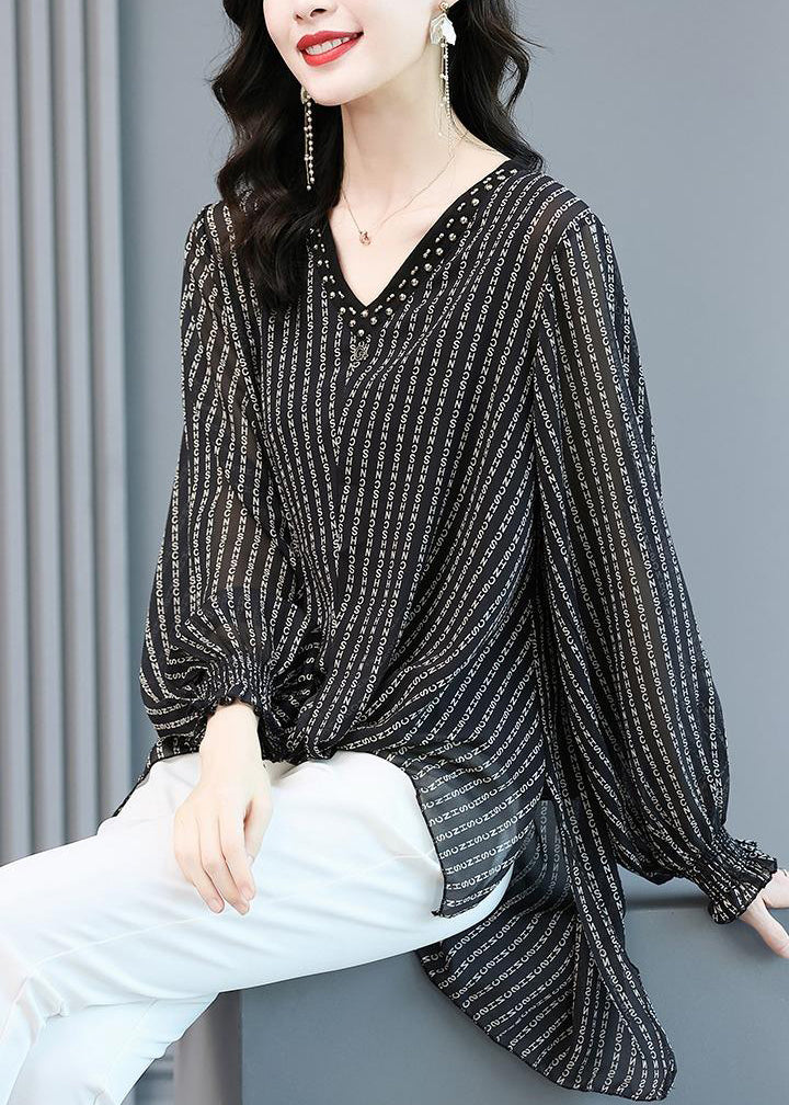 Elegant Black V Neck Striped Side Open Low High Design Chiffon Shirts Long Sleeve