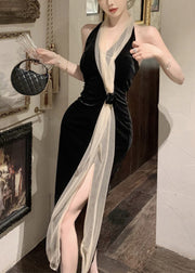 Elegant Black V Neck Tulle Patchwork Backless Silk Velvet Long Dress Summer