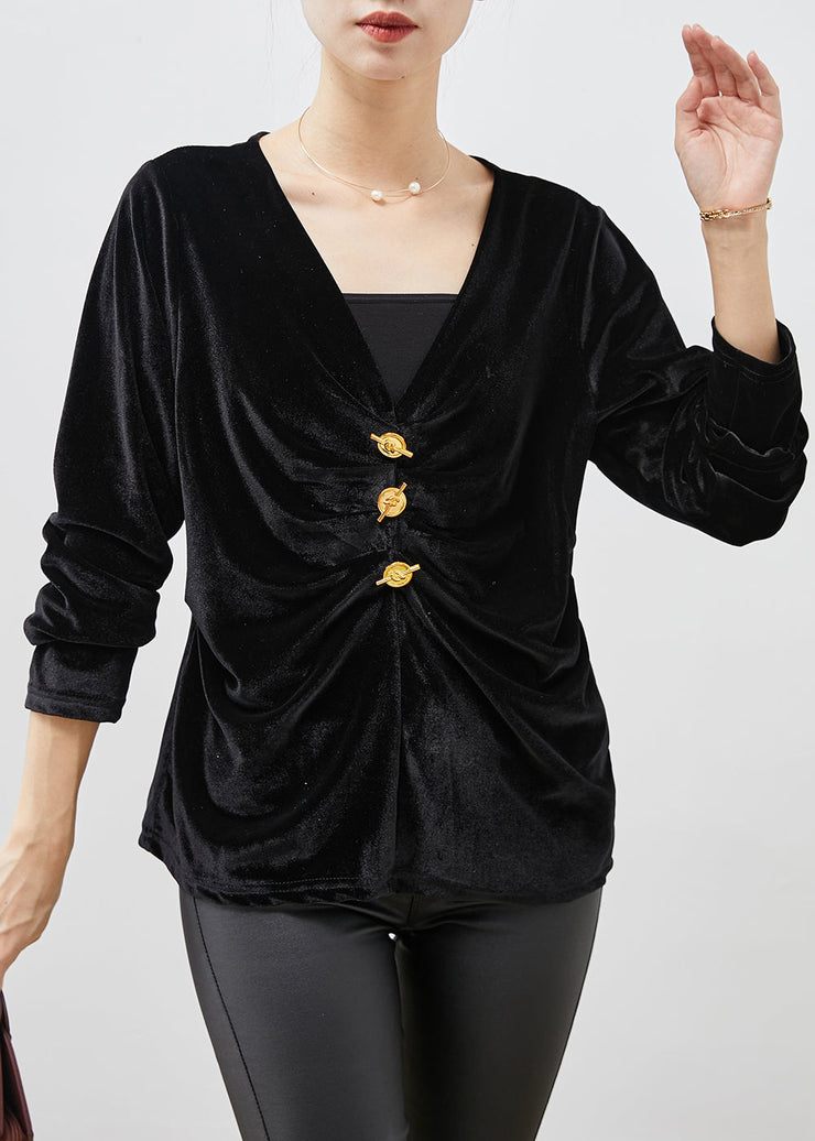 Elegant Black V Neck Wrinkled Silk Velour Blouse Tops Spring