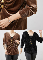 Elegant Black V Neck Wrinkled Silk Velour Blouse Tops Spring