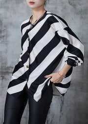 Elegant Black White Striped Oversized Chiffon Shirts Spring