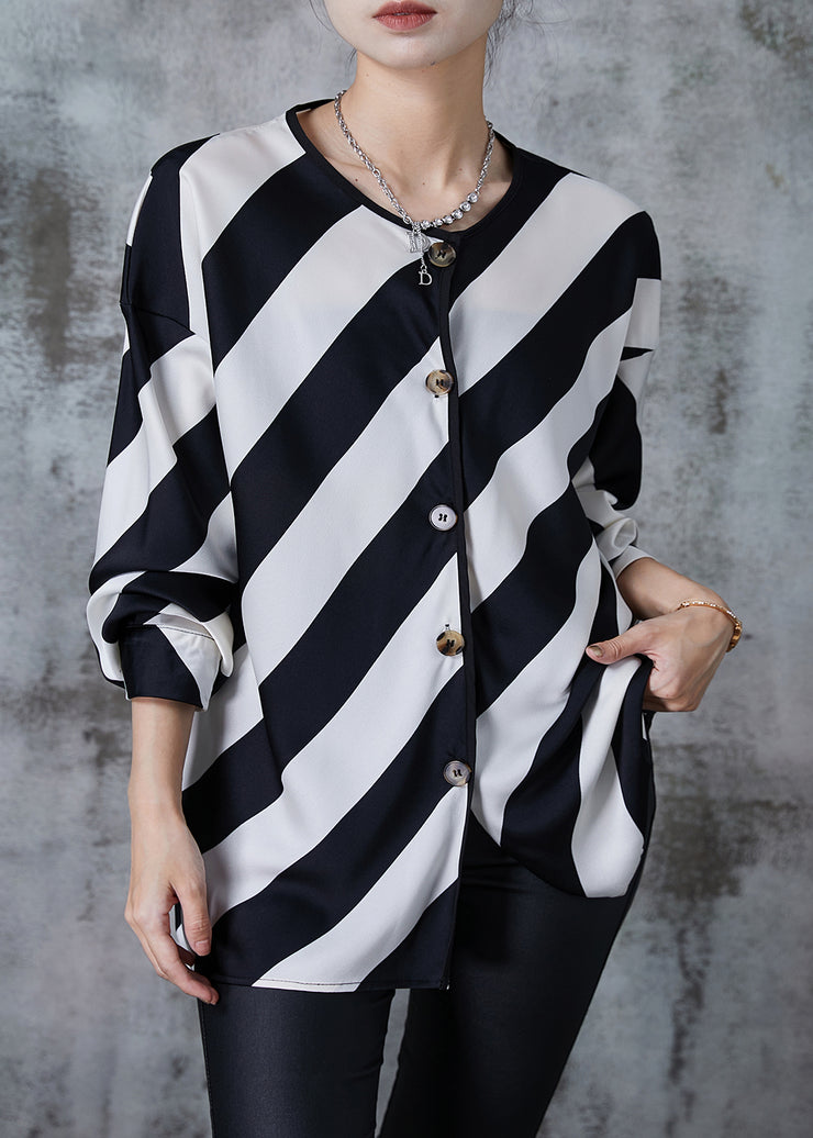 Elegant Black White Striped Oversized Chiffon Shirts Spring