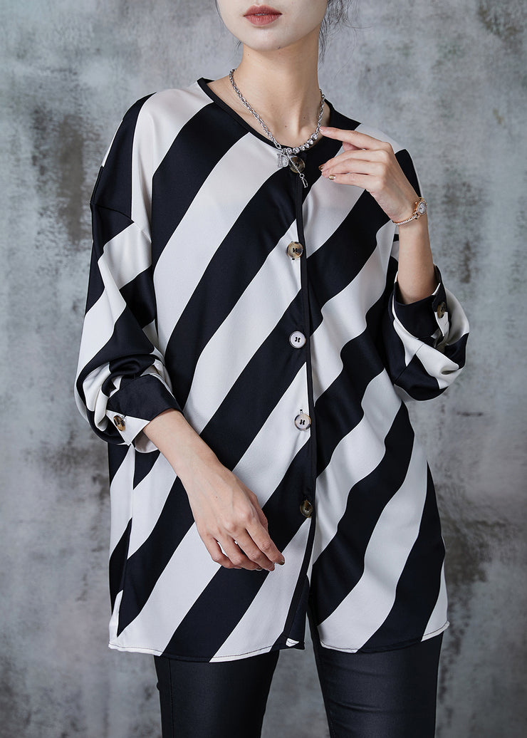 Elegant Black White Striped Oversized Chiffon Shirts Spring