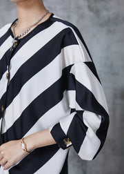 Elegant Black White Striped Oversized Chiffon Shirts Spring